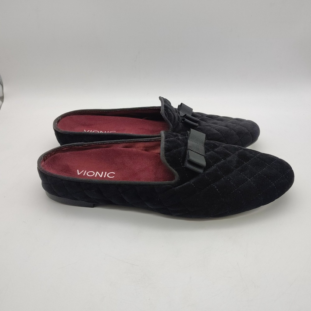Vionic Sz 10 Eloise Black Red Quilted Velvet Slipper Slip-On Mules Flats Women - Picture 4 of 6